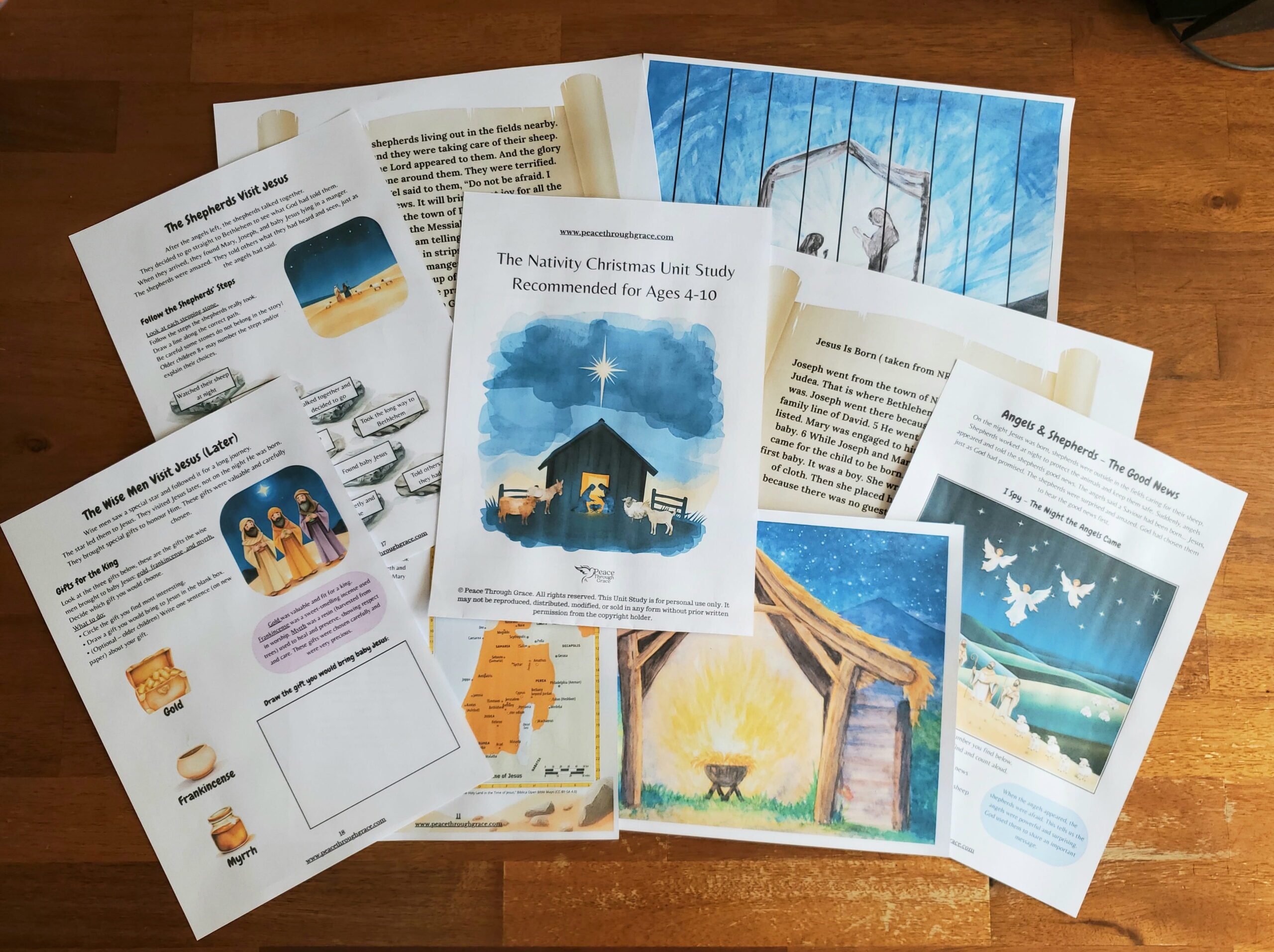Collage image of some of the pages included in the Nativity Christmas Unit Study