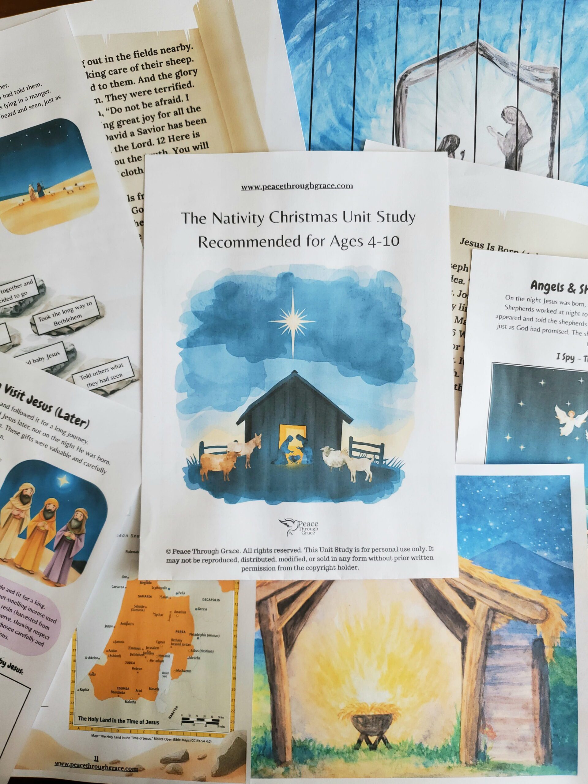 Zoomed in collaged image of some of the pages included in the Nativity Christmas Unit Study