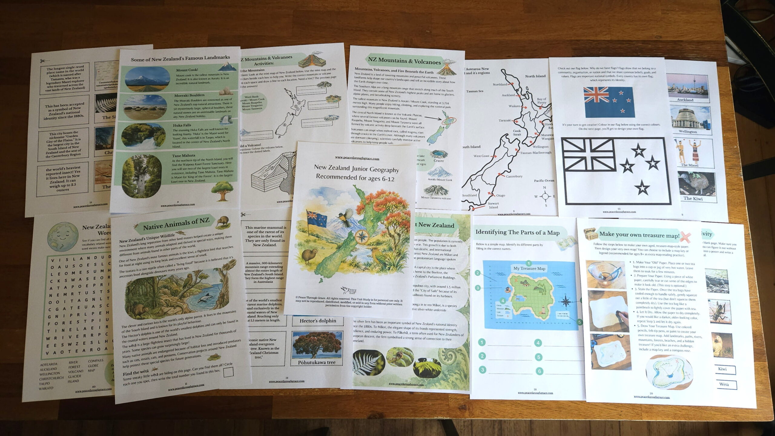 Collage image of some of the main pages in the NZ Junior Geography Unit Study