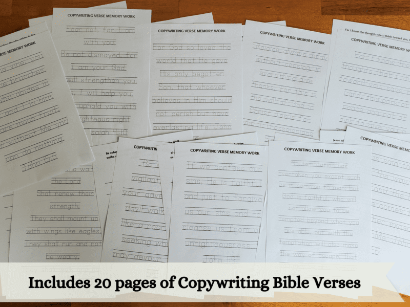 Includes 20 pages of copywriting Bible Verses for memory work