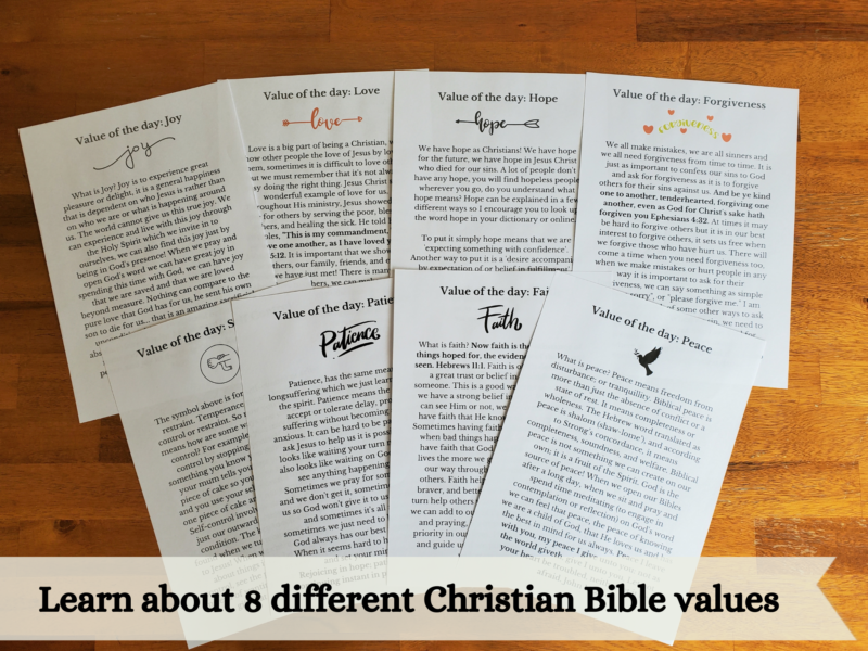 Includes 8 Bible values to learn about