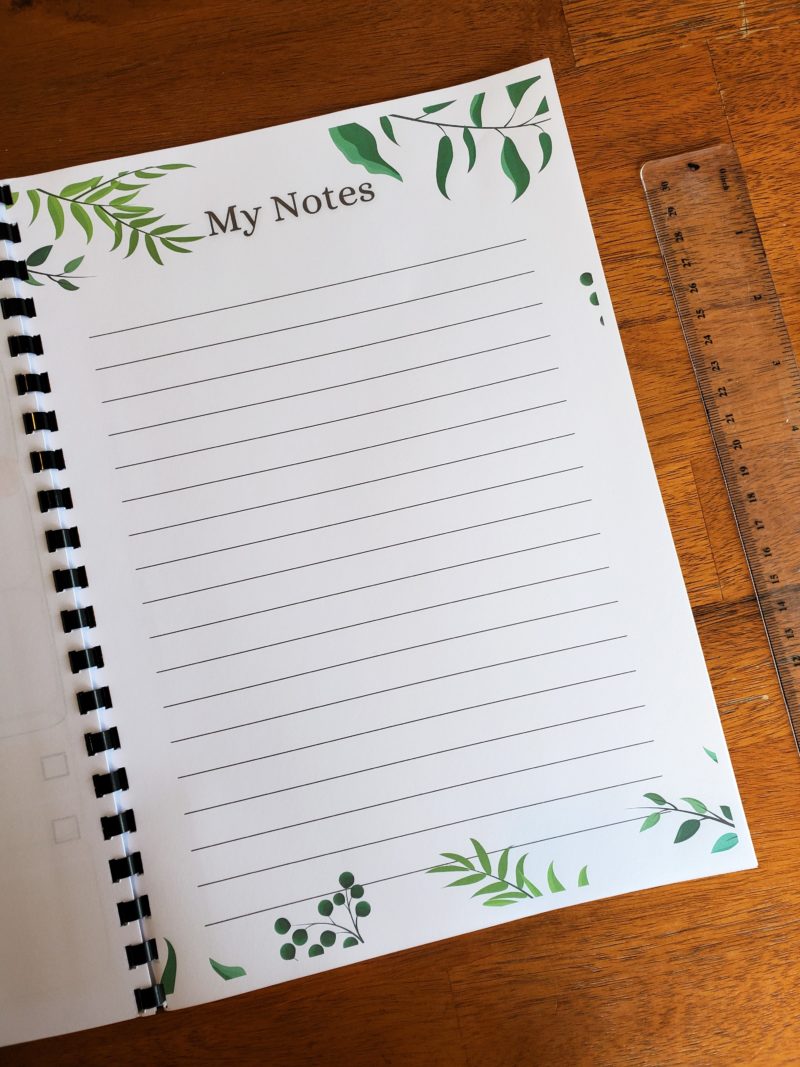 notes page in the back of the home learning planner journal