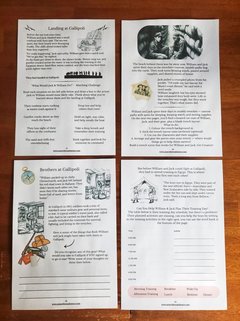some of the pages of the boys journey, includes activities like matching games, fill in the blanks, and fill in their training schedule