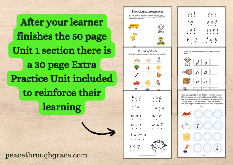 80 page unit 1 and the 30 page extra practice to help reinforce phonics learning