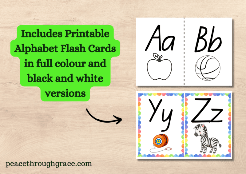 includes alphabet flash cards for printing and practicing sounds