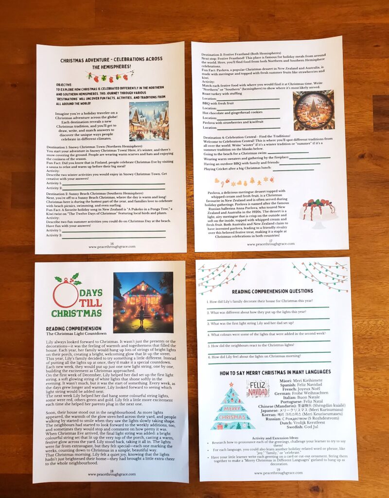 pages 16-19 of the Christmas in NZ & Beyond Unit Study Bundle