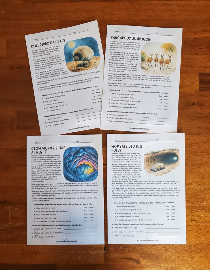 Printable animal reading comprehension worksheets for kids featuring glow worms, wombats, kiwi birds, and kangaroos. Includes nonfiction reading passages, true/false statements, and text-based questions. Ideal for homeschool and classroom learning.