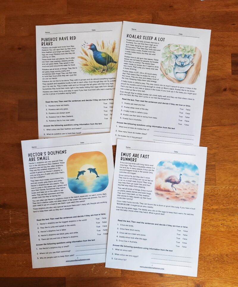 Printable wildlife reading comprehension worksheets featuring pūkeko, koalas, emus, and Hector’s dolphin. Fun and informative reading practice for kids with illustrated animal images, true/false activities, and text-based questions. Great for homeschool and eco-education.