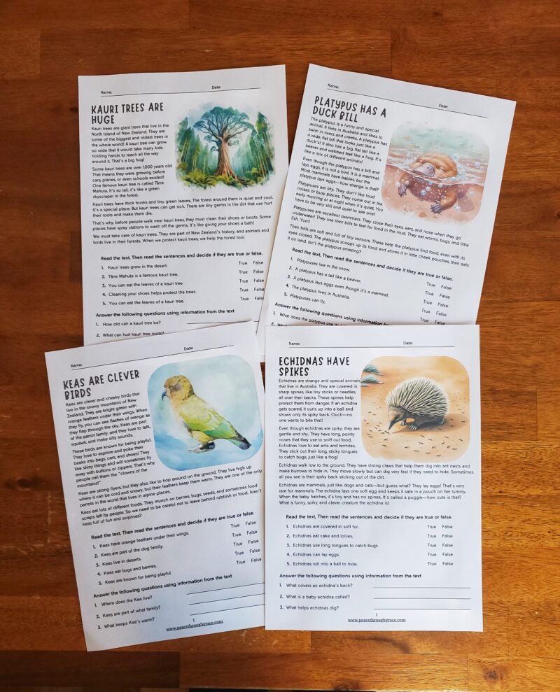 Educational nature-themed worksheets for children about kauri trees, platypus, kea birds, and echidnas. Engaging reading activities with comprehension questions and colorful animal illustrations. Perfect for unit studies and science literacy.