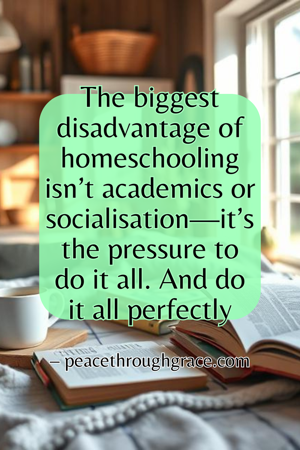 Quote graphic on homeschooling pressure featuring open books, coffee cup, and cozy home background. Text overlay reads: ‘The biggest disadvantage of homeschooling isn’t academics or socialisation—it’s the pressure to do it all. And do it all perfectly.’ From peacethroughgrace.com.
