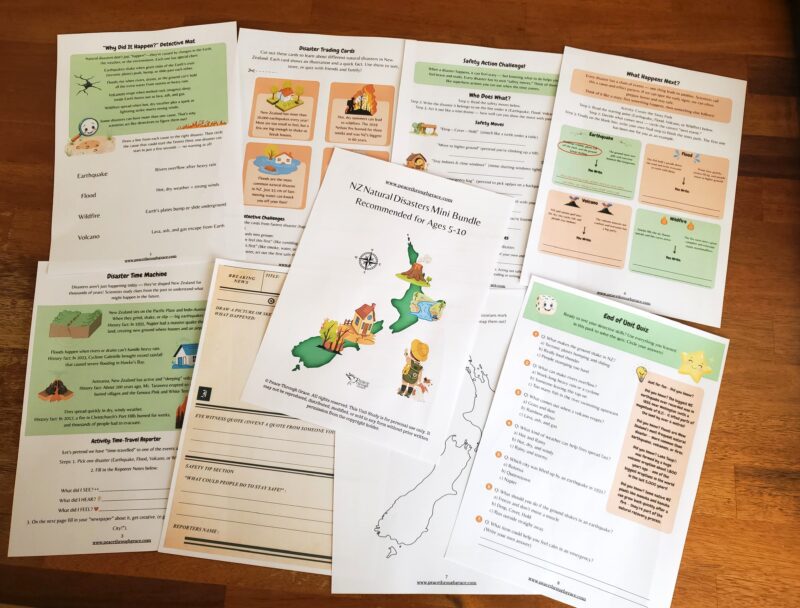 Collage image of all the pages included in the NZ natural disasters mini bundle