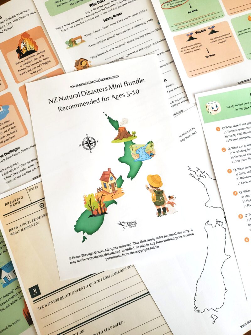 close up image of the collage photo of all the pages included in the nz natural disasters unit study mini bundle